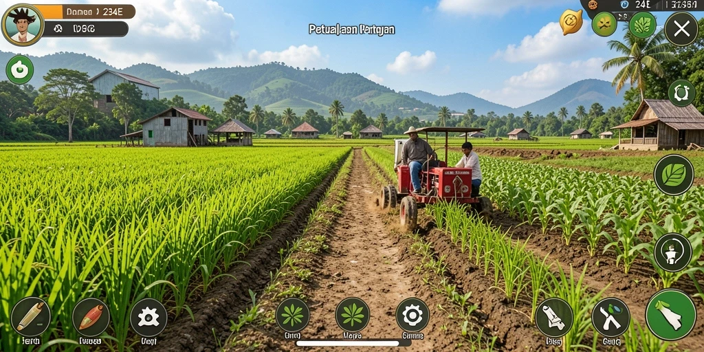 Gameplay 234E menampilkan suasana pertanian yang indah dan interaktif.