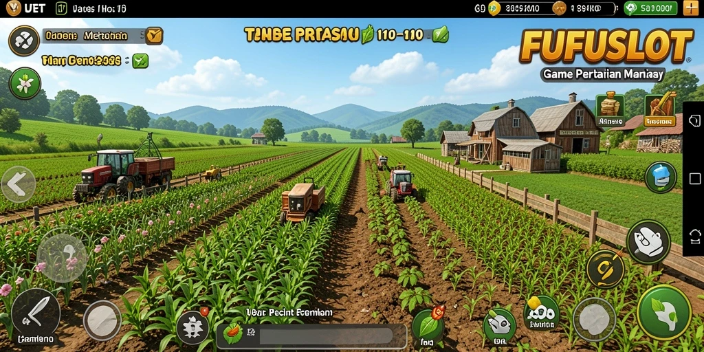 Screenshot gameplay FUFUSLOT menampilkan peternakan yang indah dan aktivitas bercocok tanam.