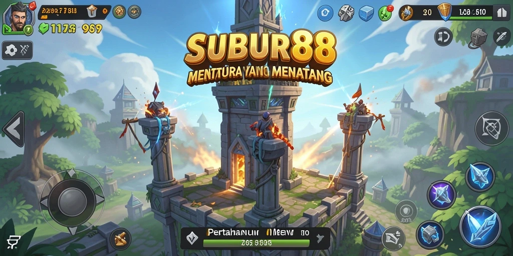 Tangkapan layar gameplay SUBUR88 menampilkan aksi menara bertahan yang intens.